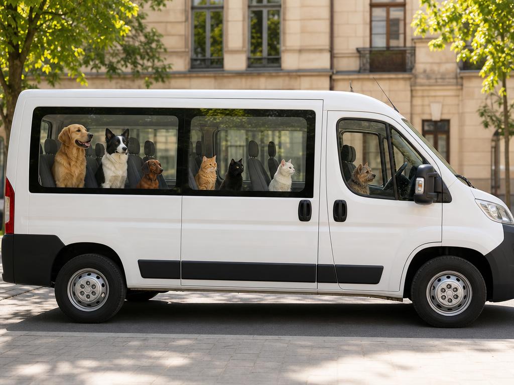 Bus FutroBus z psami i kotami siedzącymi na fotelach i patrzącymi przez okna